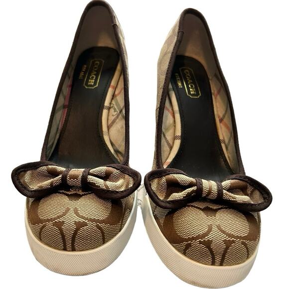 COACH Women’s Sweetie Bow Signature Canvas Wedge Heels in brown-Size 7.5 - Picture 1 of 6